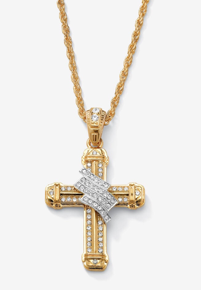 Gold Tone Wrapped Cross Pendant 24 inches Chain, GOLD, hi-res image number 0