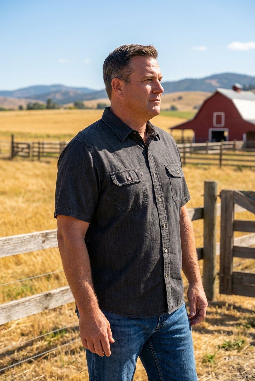 Short Sleeve Denim and Twill Shirt, BLACK, hi-res image number 0