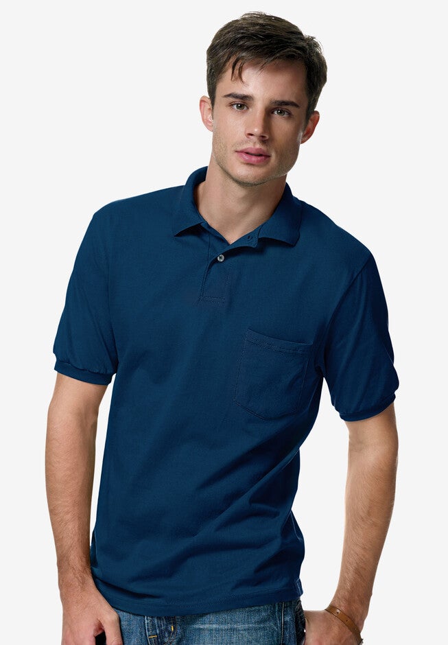 Hanes® Cotton-Blend EcoSmart® Jersey Polo with Pocket, NAVY, hi-res image number 0