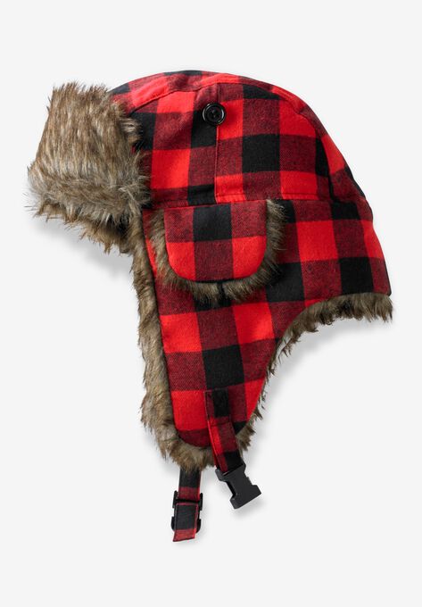 Extra Large Fur Trim Hat, RED BUFFALO CHECK, hi-res image number null
