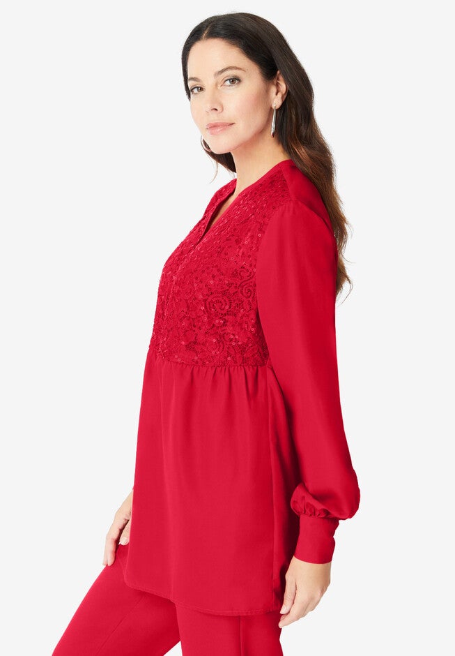Sequined Lace-Paneled Top, , alternate image number null
