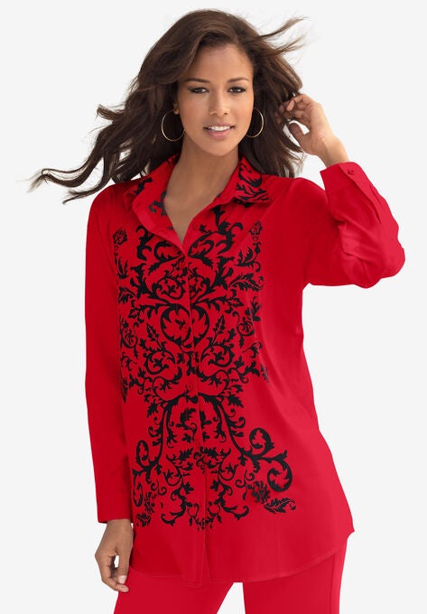 Scroll Print Shirt, VIVID RED DAMASK SCROLL, hi-res image number null