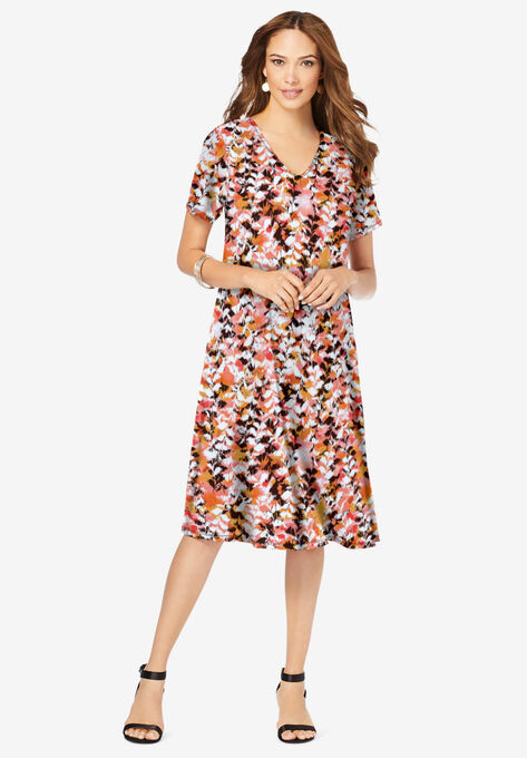 Ultrasmooth® Fabric V-Neck Swing Dress, WARM ABSTRACT LEAVES, hi-res image number null