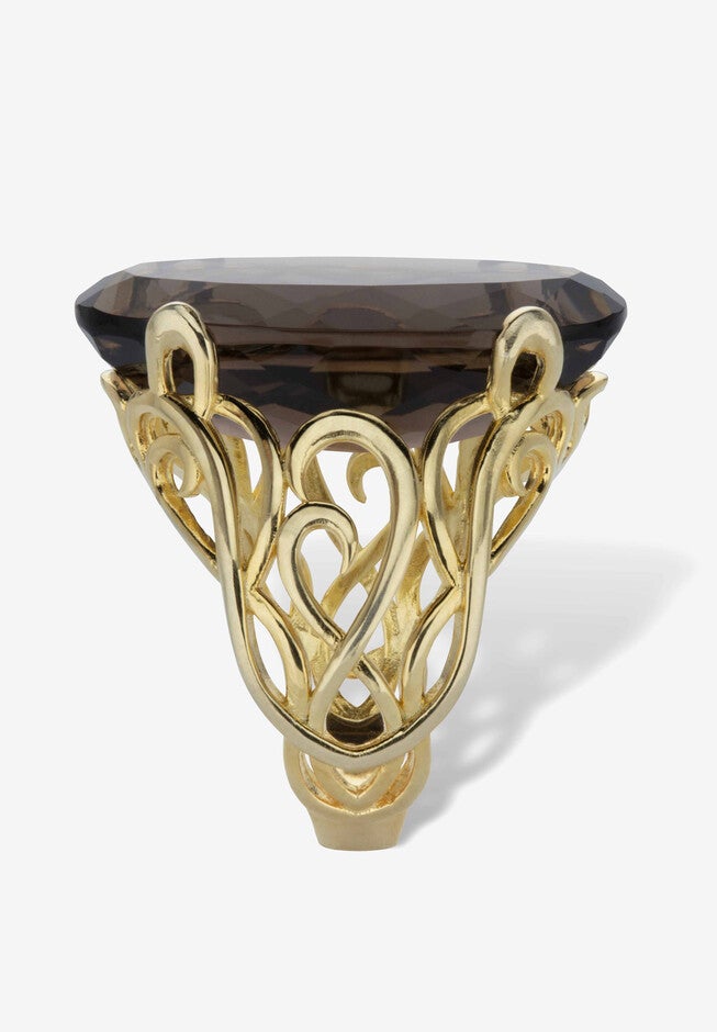 4 Cttw. Oval-Cut Genuine Smoky Topaz Gold-Plated Silver Scrolled Faceted Ring, , on-hover image number 1