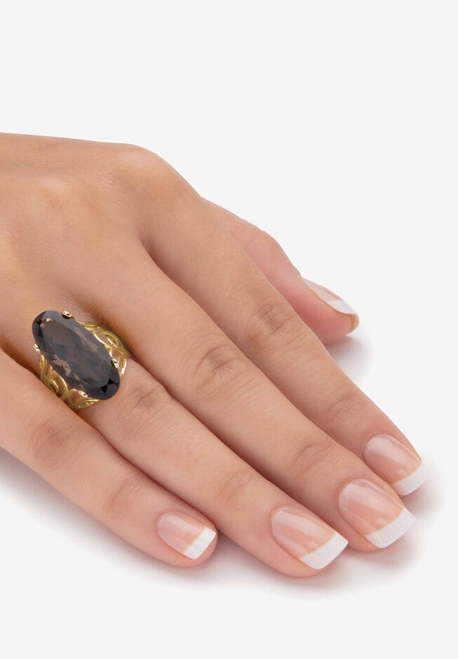 4 Cttw. Oval-Cut Genuine Smoky Topaz Gold-Plated Silver Scrolled Faceted Ring, , alternate image number 2