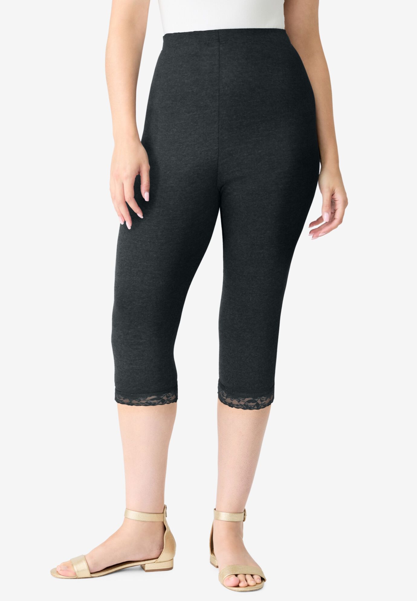 Lace Trim Essential Stretch Capri Legging, HEATHER CHARCOAL, hi-res image number 0