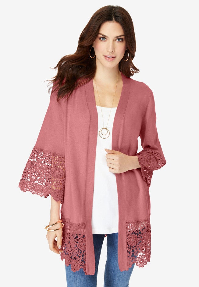Fine Gauge Lace Trim Cardigan Sweater, DESERT ROSE, hi-res image number null