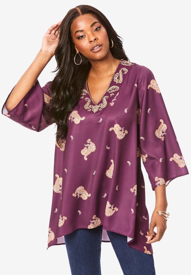 Embellished V-Neck Tunic., BERRY GOLD EMBELLISHMENT, hi-res image number 0