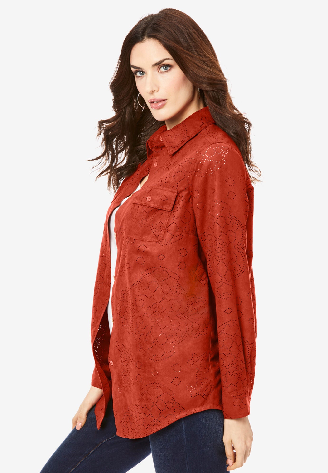 Faux Suede Lazer-Cut Big Shirt, , alternate image number 2