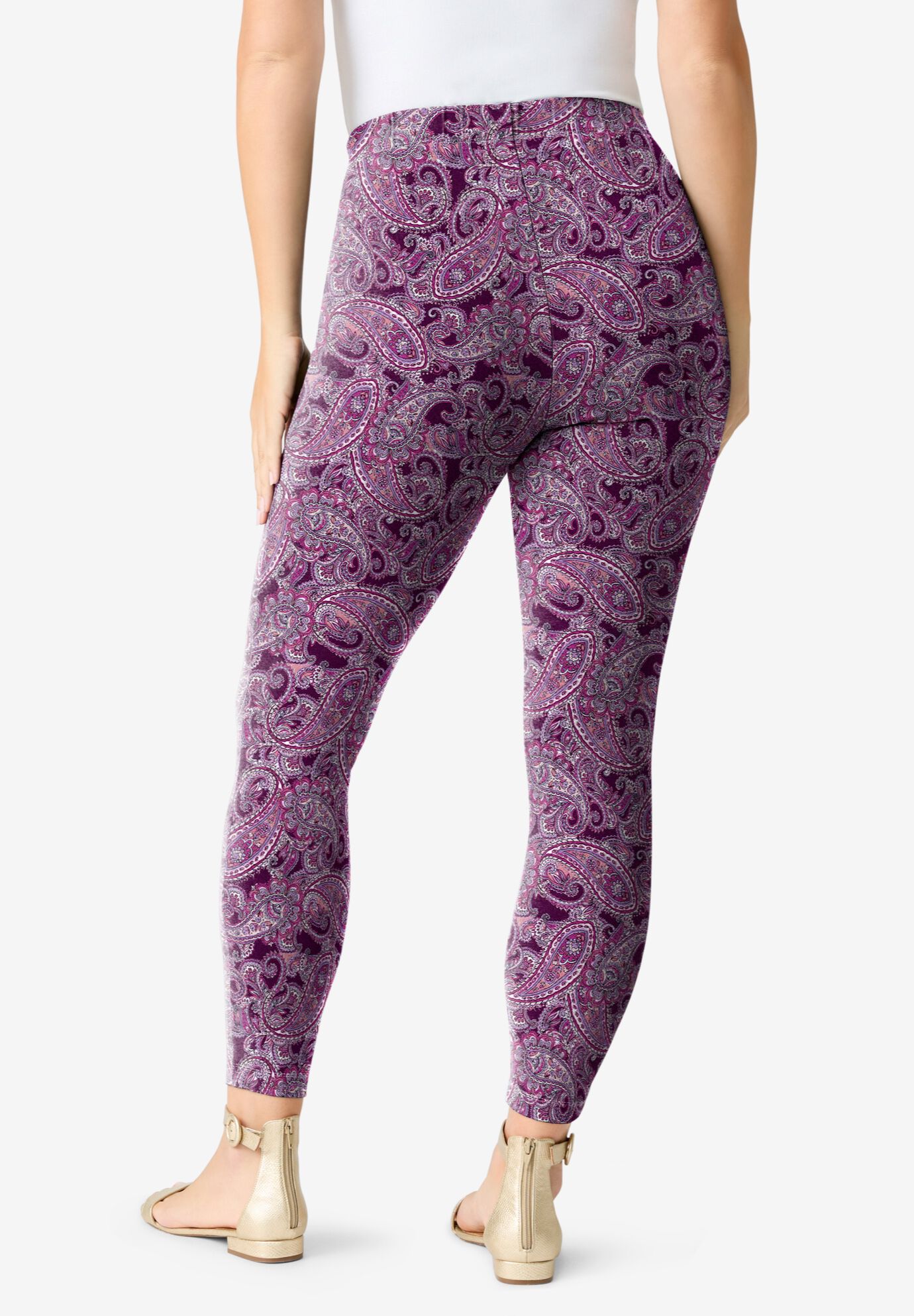 Plus Size Ankle Length Essential Stretch Legging, DARK BERRY PAISLEY, on-hover image number 1