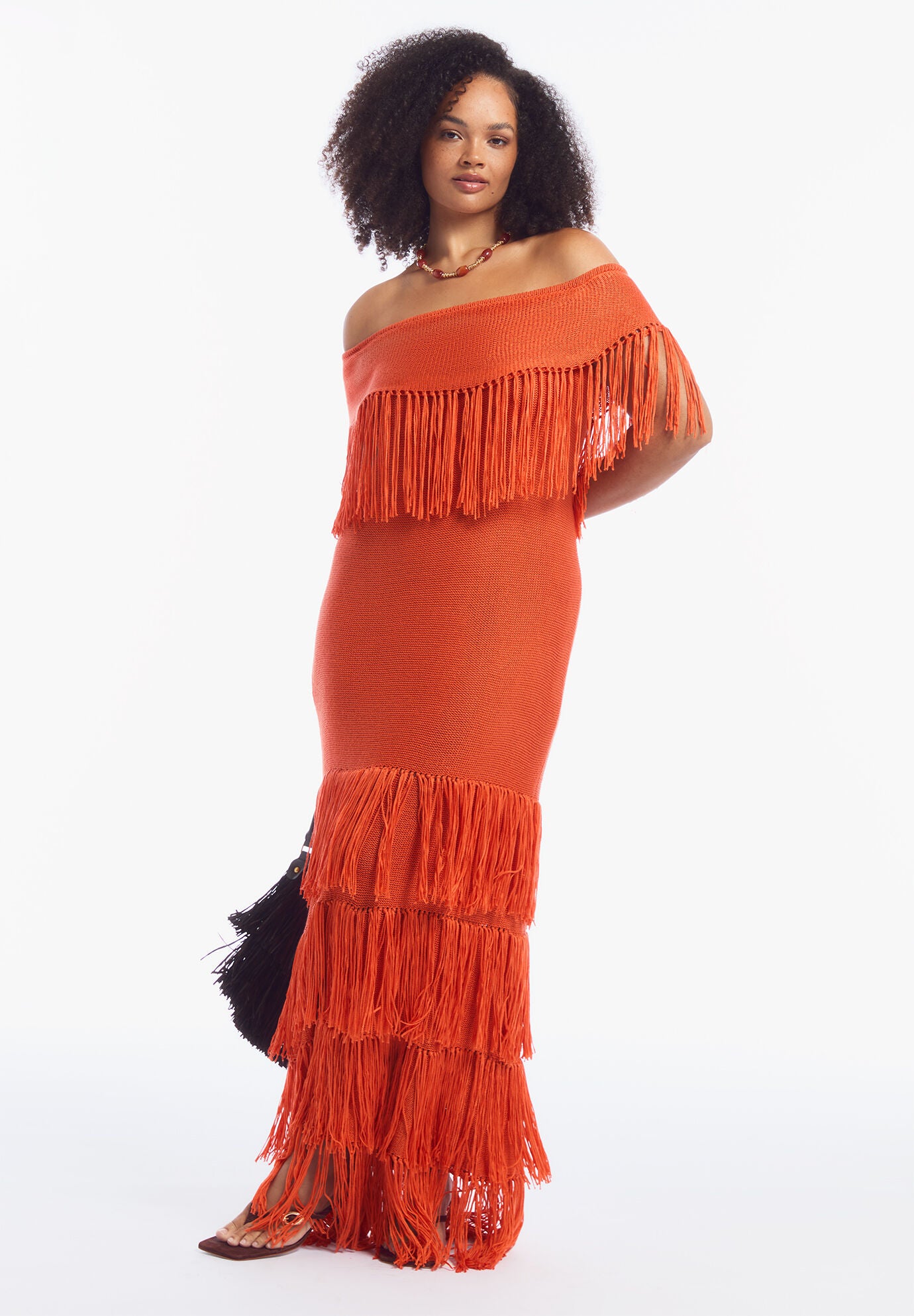 Off-Shoulder Fringe Sweater Dress, GINGER, on-hover image number 1