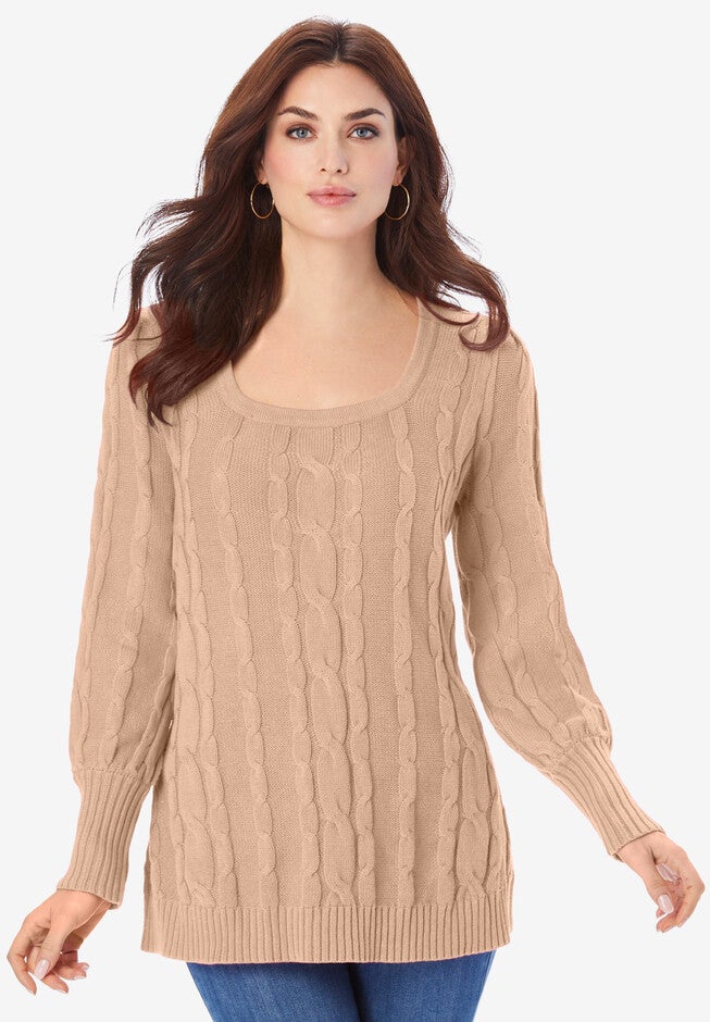 Square-Neck Cable Knit Pullover Sweater, NEW KHAKI, hi-res image number 0