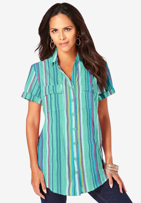 Seersucker Big Shirt, JADE SEERSUCKER STRIPE, hi-res image number null