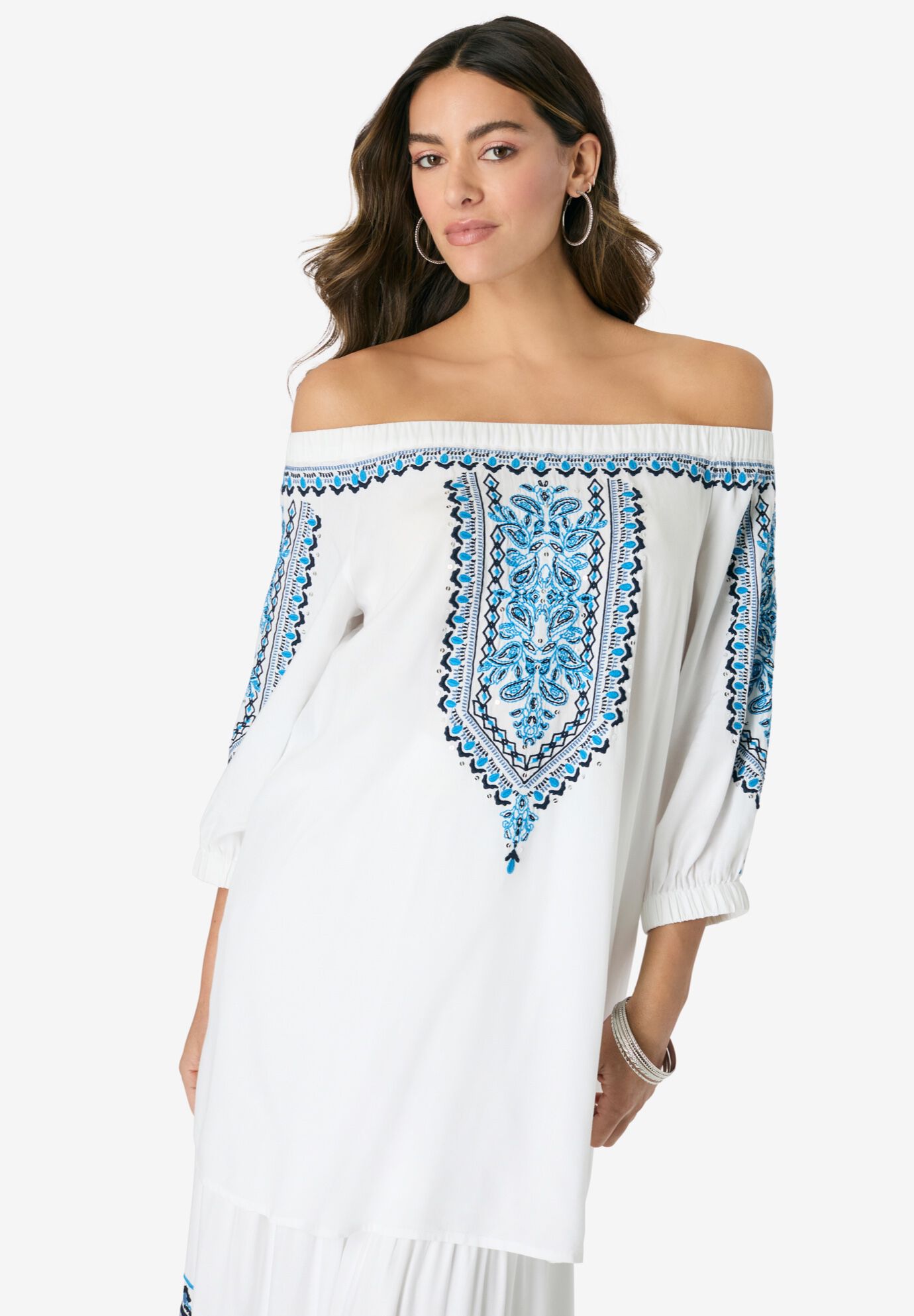 Off-The-Shoulder Embroidered Top, WHITE PORCELAIN PAISLEY, alternate image number 2