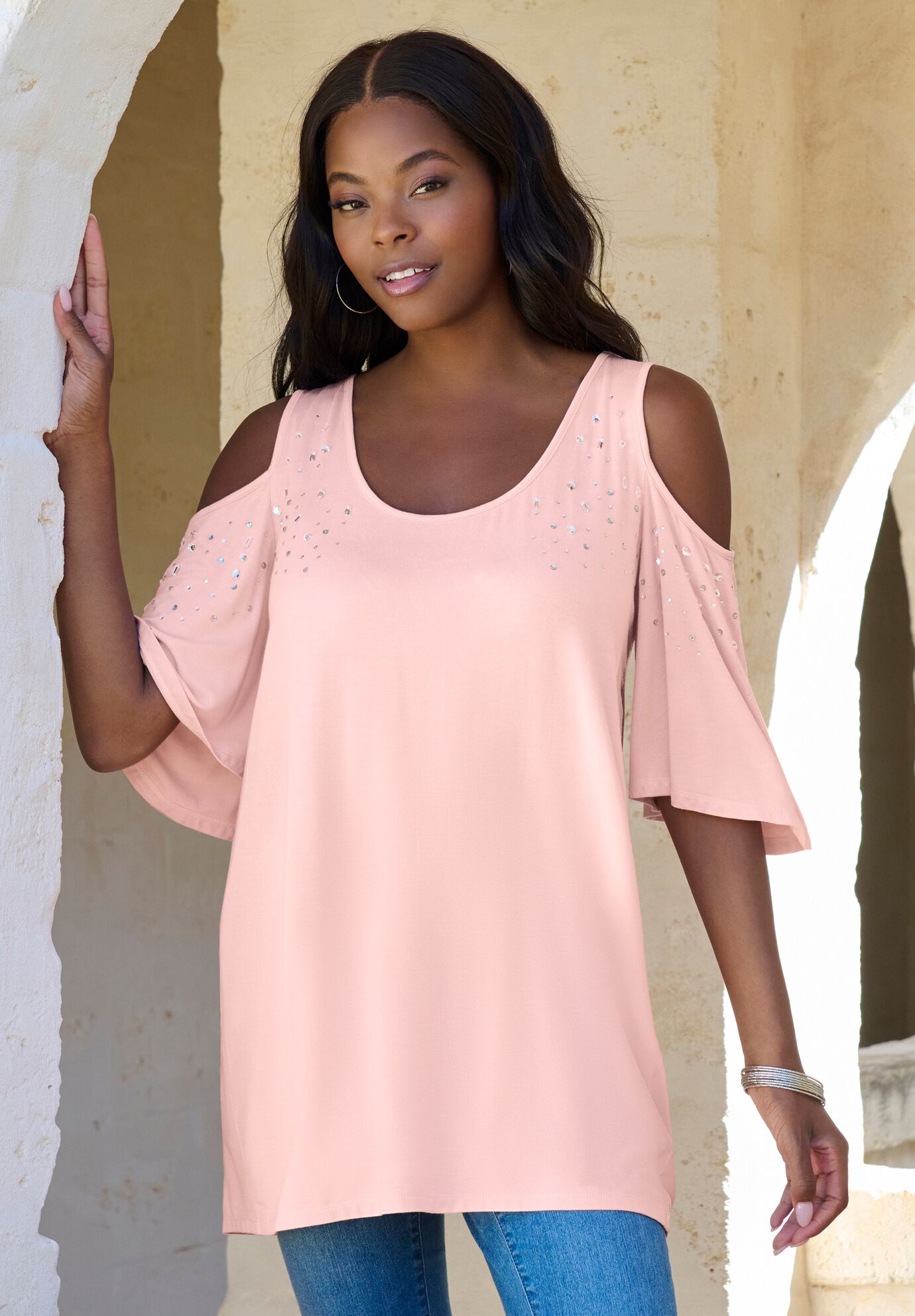 Cold Shoulder Ultra Drape Tunic, , alternate image number 3