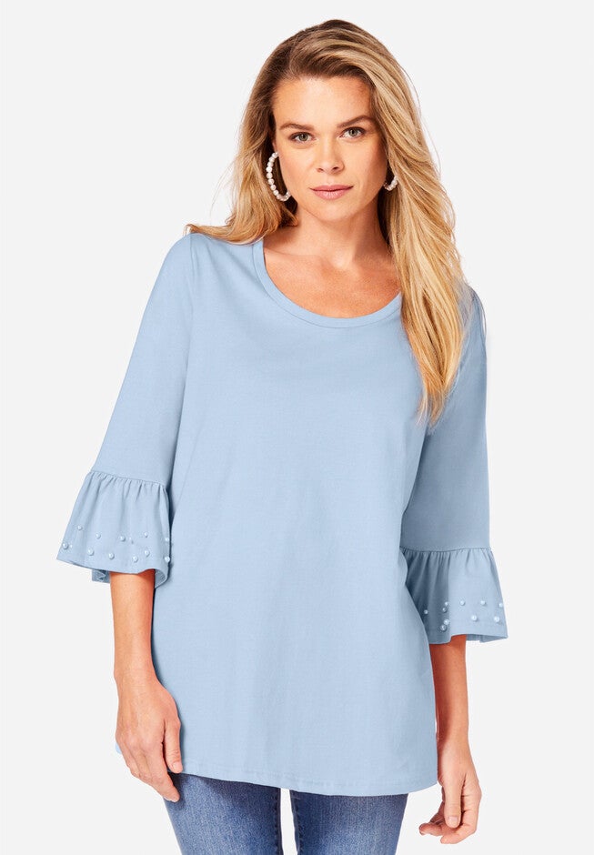 Pearl-Embellished Bell-Sleeve Tee, PALE BLUE, hi-res image number null
