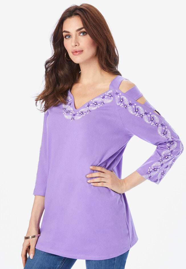 Embroidered Cold-Shoulder Top, LAVENDER PAISLEY PEARL, hi-res image number 0
