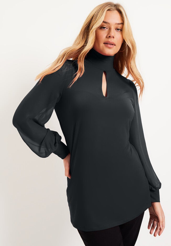 Sheer-Sleeve Mockneck Top, BLACK, hi-res image number 0