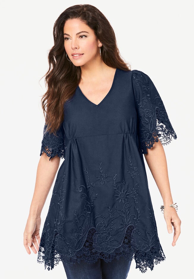 Lace-Trim Poplin Top., NAVY, hi-res image number null