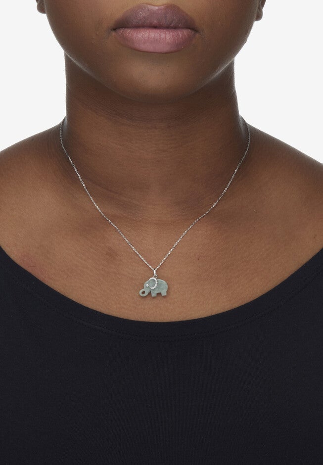 Genuine Green Jade Cz Silvertone Elephant Pendant Necklace, 18 Inch Chain, , alternate image number null