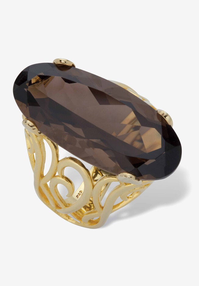 4 Cttw. Oval-Cut Genuine Smoky Topaz Gold-Plated Silver Scrolled Faceted Ring, , alternate image number 3