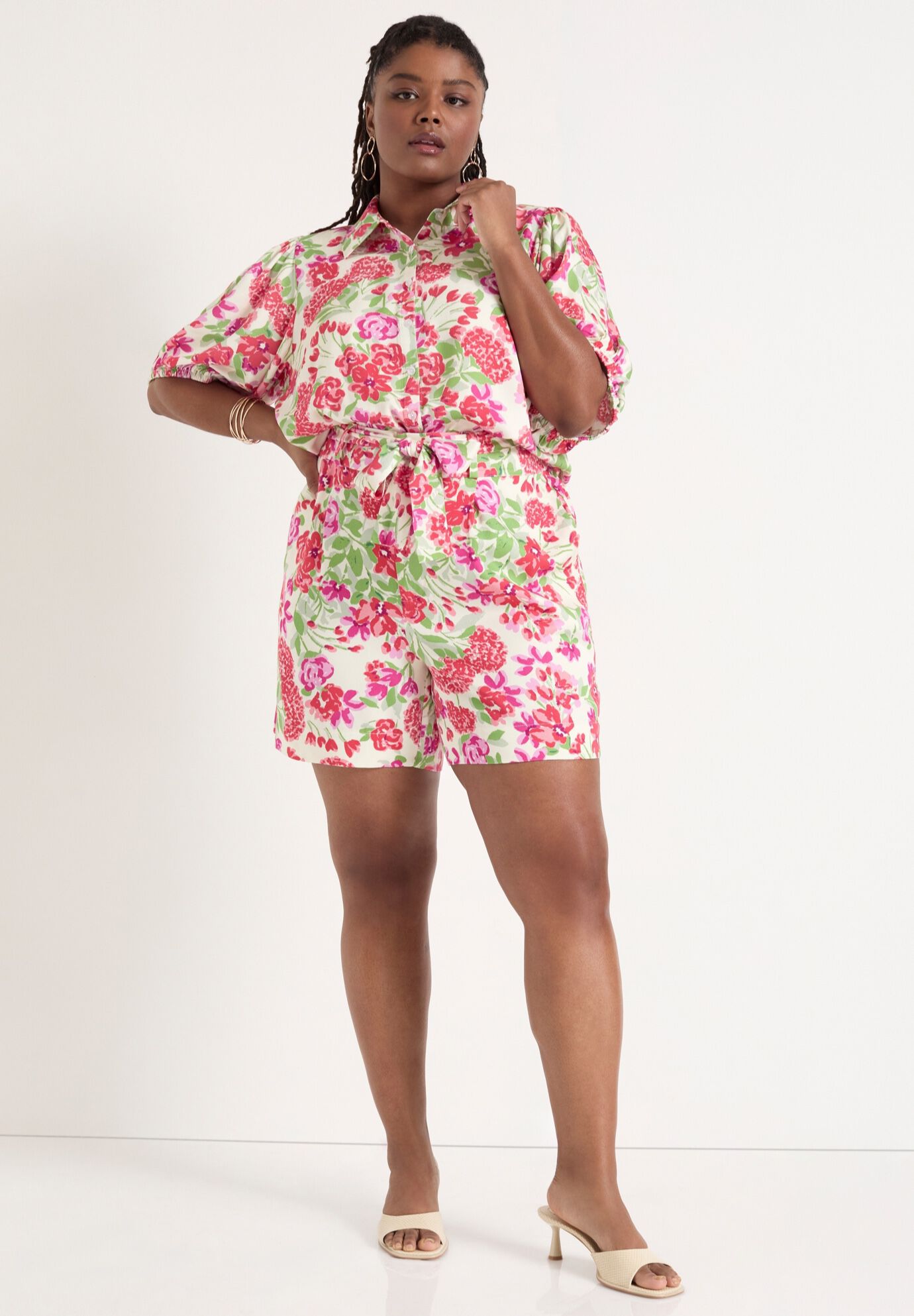 Puff-Sleeve Button-Down Blouse, GARDEN RED, alternate image number 3
