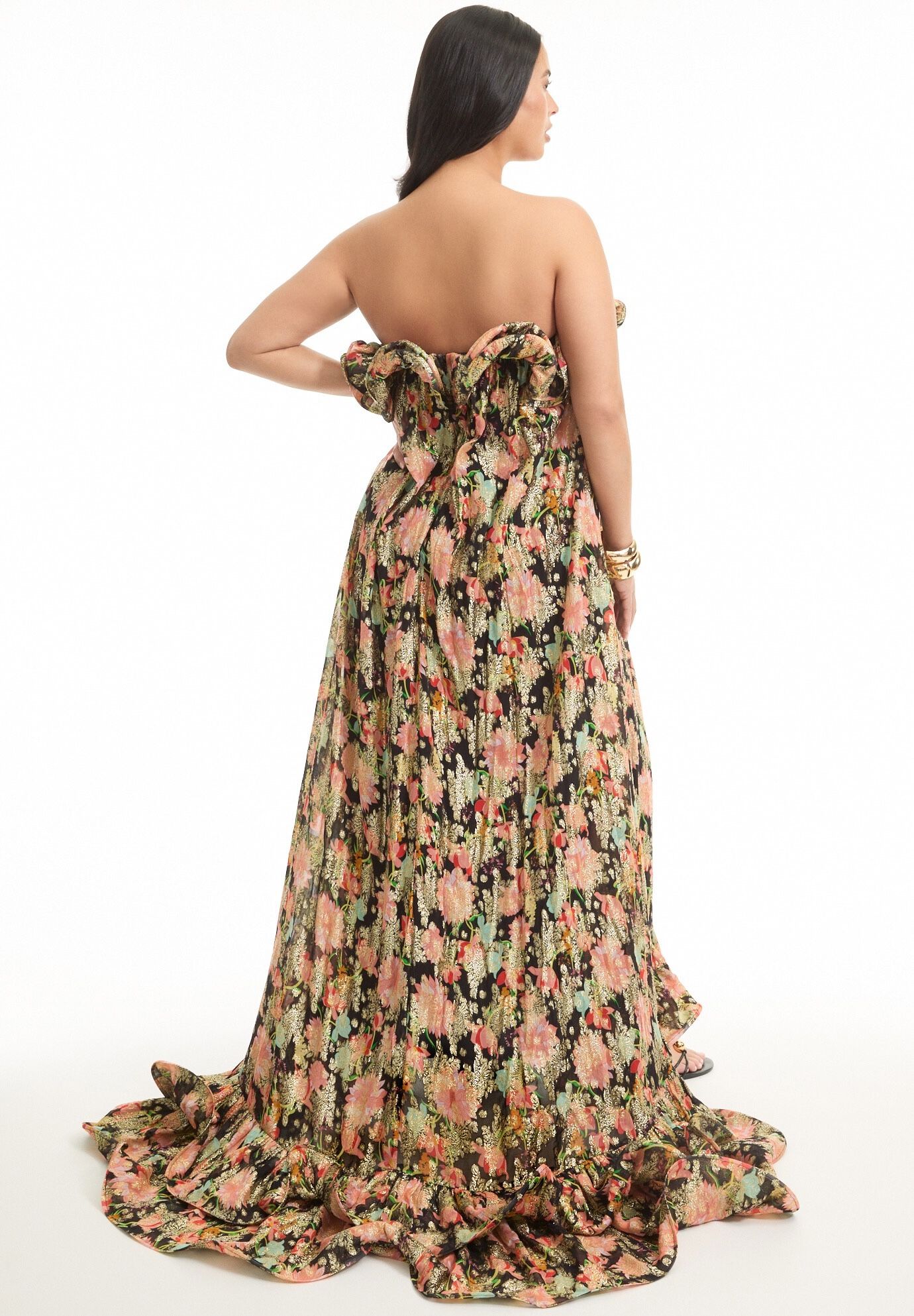 Ruffled Metallic Strapless Maxi Dress, BLACK TEXTURED WALLFLOWER, on-hover image number 1