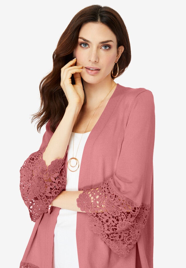 Fine Gauge Lace Trim Cardigan Sweater, , alternate image number null