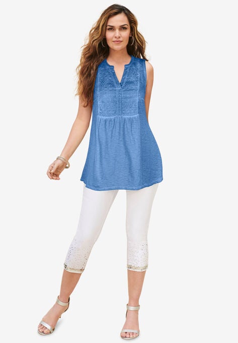 Sleeveless Lace-Trim Slub Tank, HORIZON BLUE, hi-res image number null
