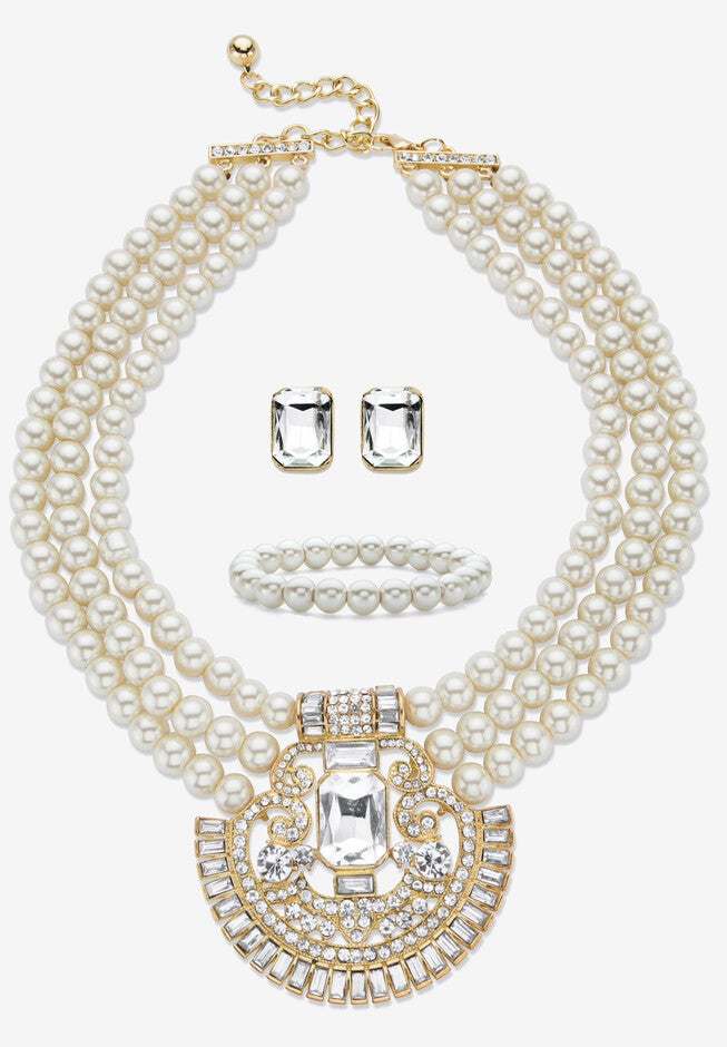 Gold Tone Simulated Pearl Bib 17 inches Necklace Set with Emerald Cut Crystals, DIAMOND, hi-res image number 0