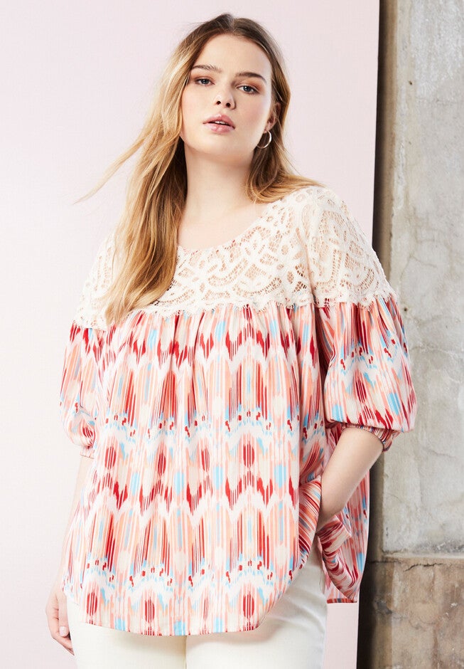Blouson-Sleeve Crochet Yoke Blouse., MULTI STRIPE IKAT, hi-res image number null