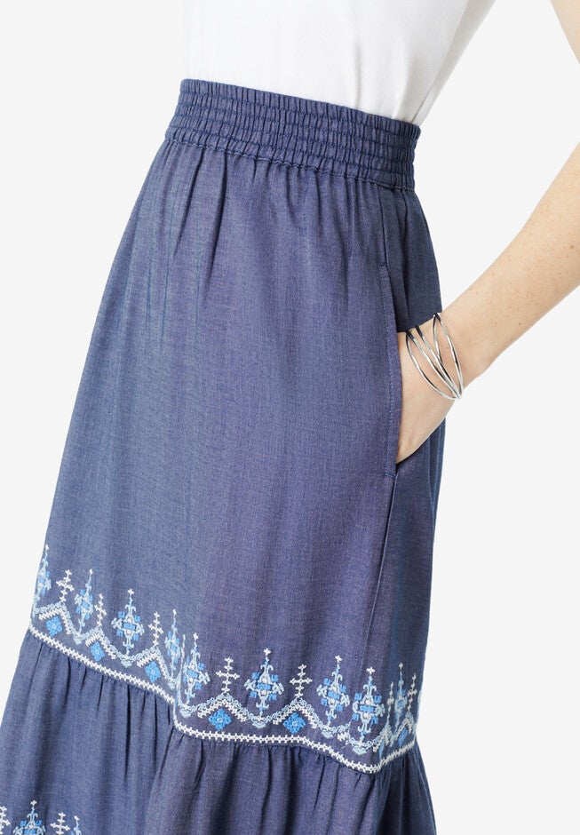 Embroidered Tiered Chambray Skirt, , alternate image number null