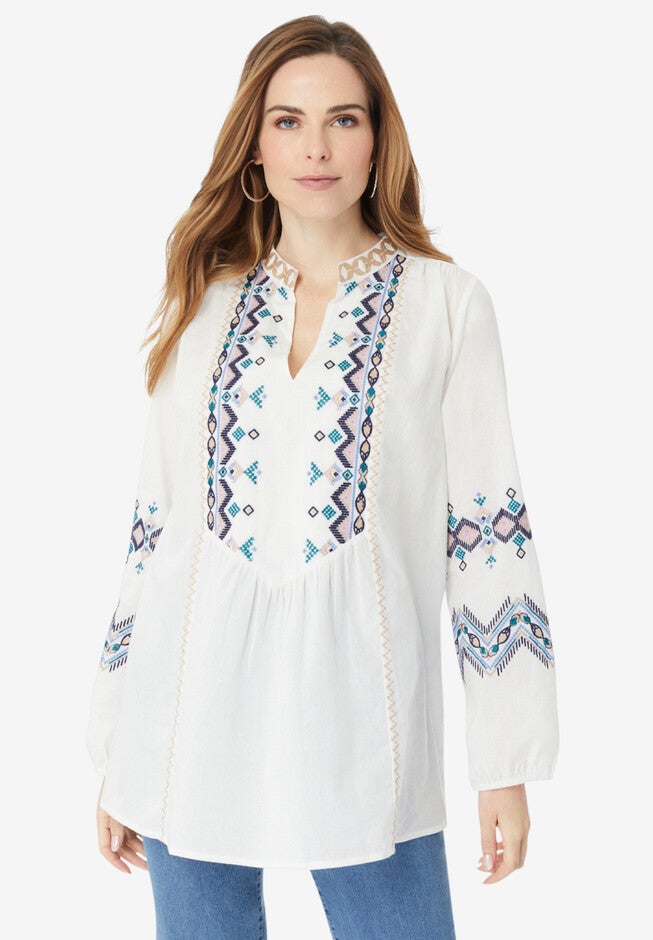Embroidered Cotton Voile Blouse, WHITE, hi-res image number null