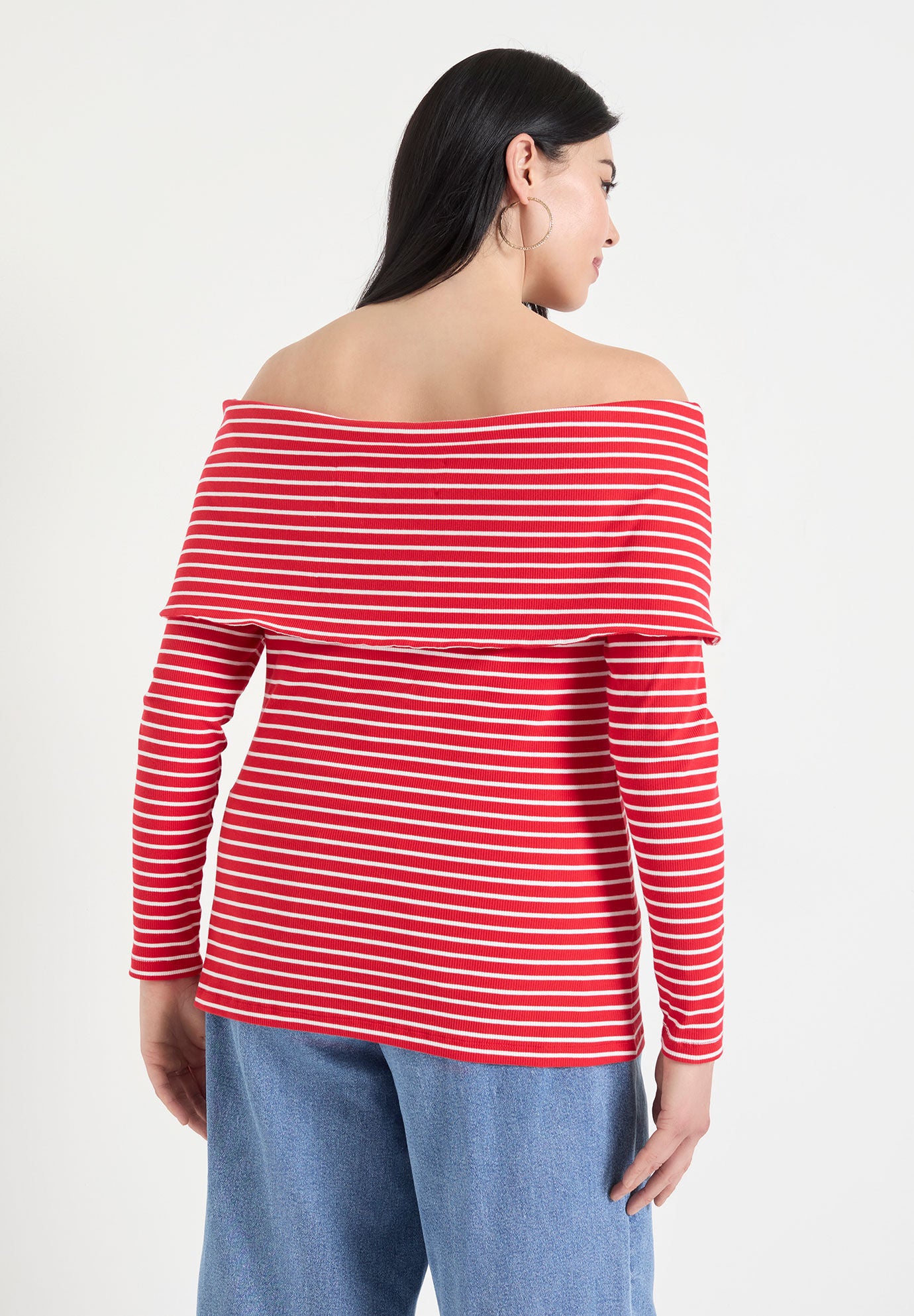 Long-Sleeve Off-The-Shoulder Top, STRIPE, on-hover image number 1