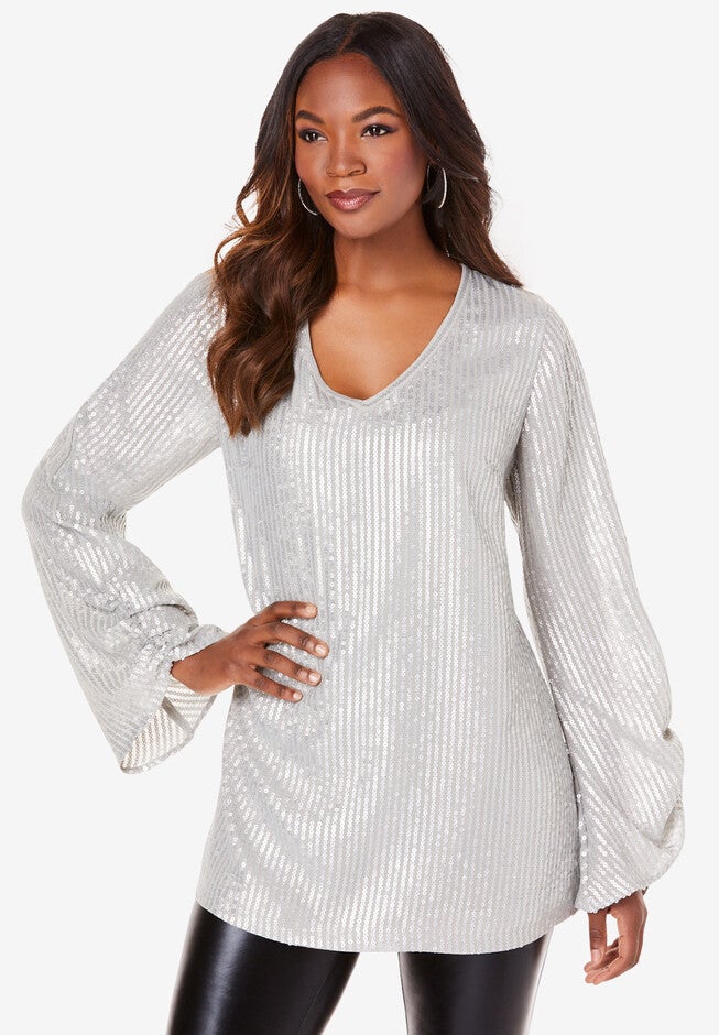 Sequin-Embellished Georgette Pullover, GUNMETAL, hi-res image number null