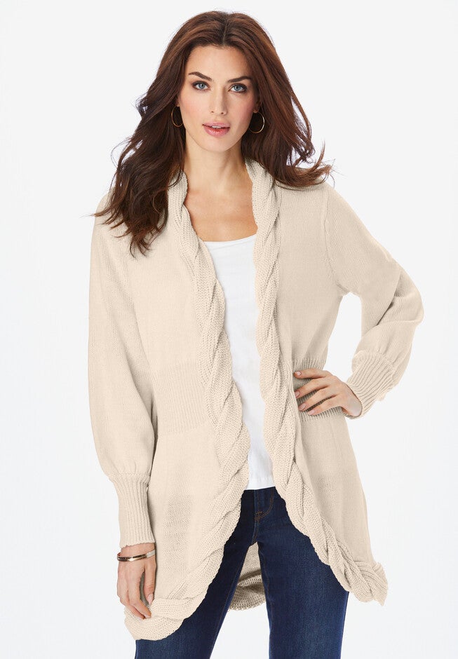 Twisted Cable Knit Cardigan, OATMEAL, hi-res image number 0