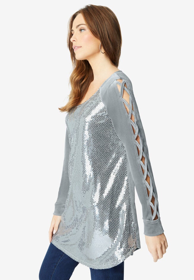 Velour Lattice-Sleeve Sequin Tunic, , alternate image number null