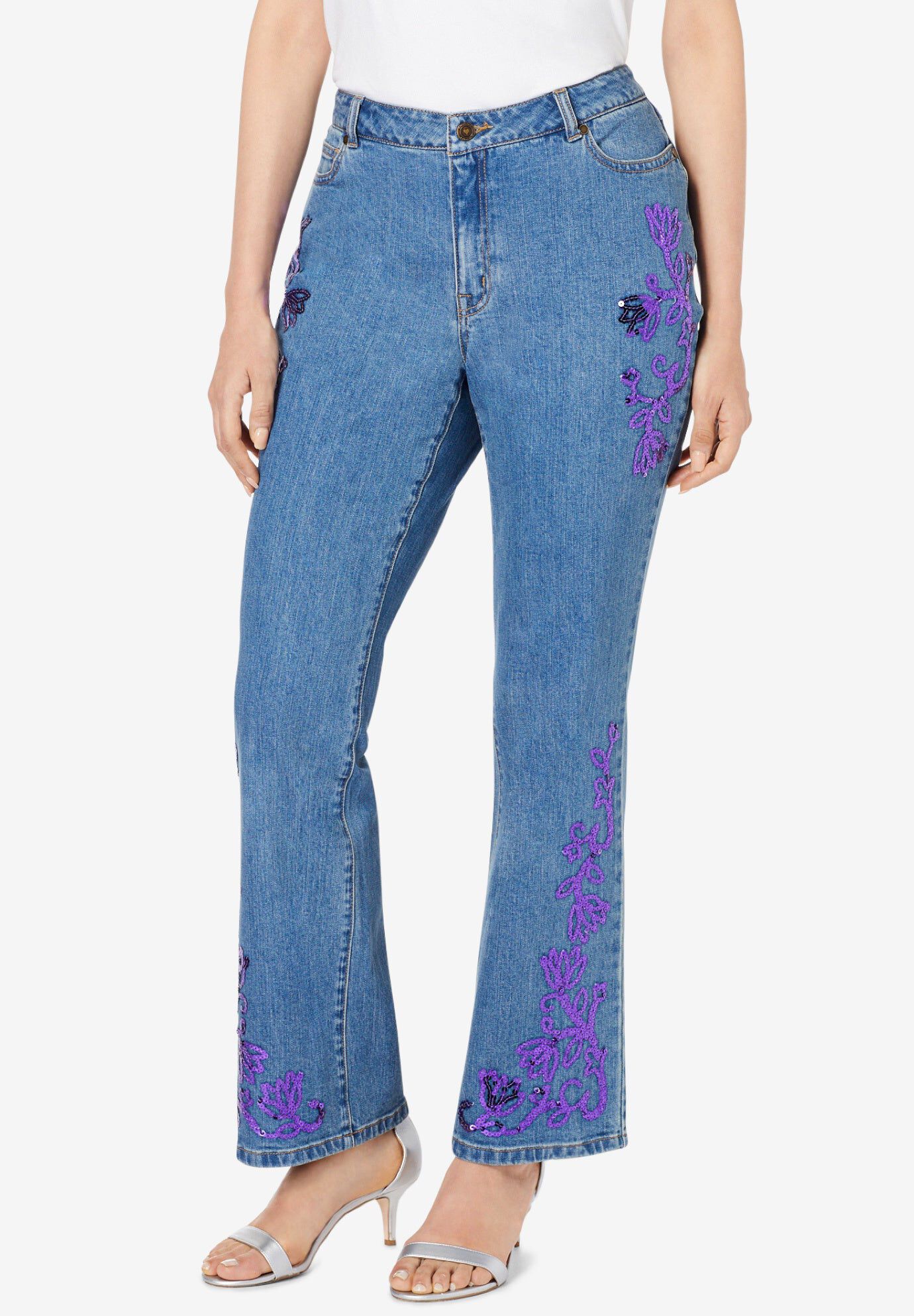 Plus Size Invisible Stretch&reg; Iconic Sequin-Embellished Bootcut Jean, VIOLET SEQUIN LOTUS, hi-res image number 0