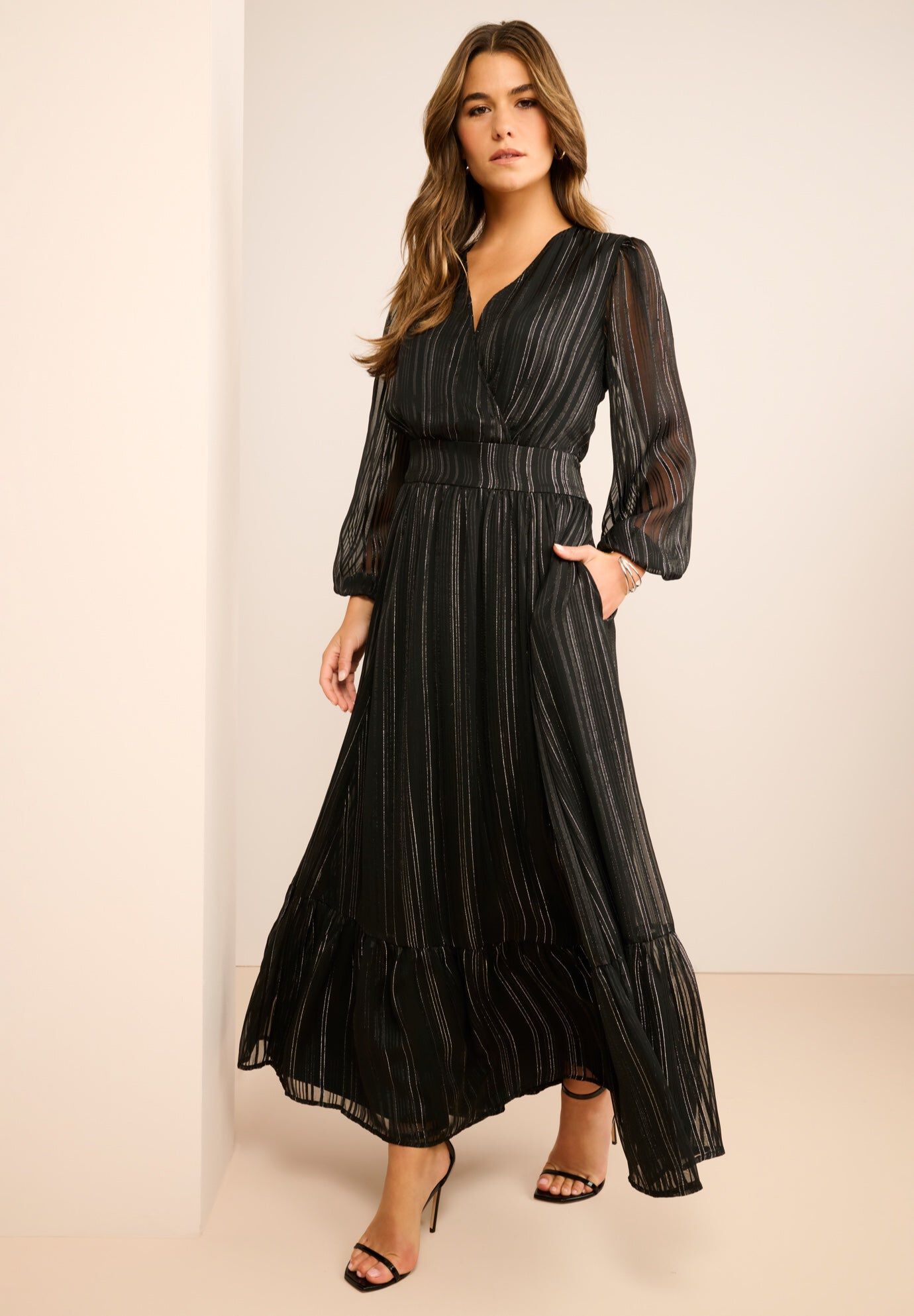 Lurex Tiered Maxi Dress, BLACK, hi-res image number 0