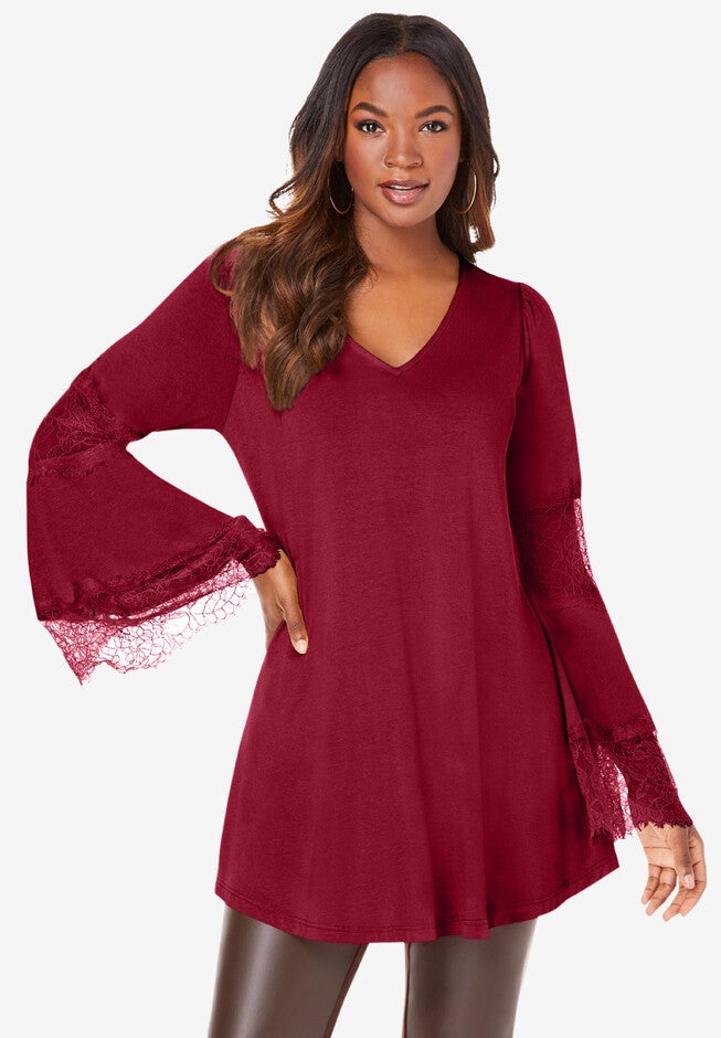 Lace-Trim V-Neck Tunic, RICH BURGUNDY, hi-res image number 0