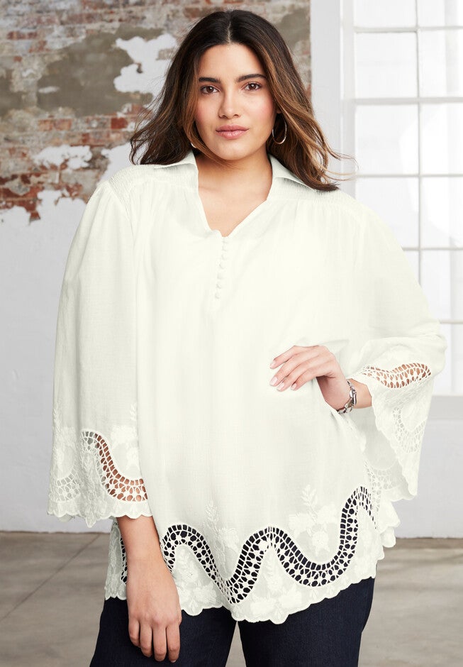 Open-Crochet Blouse, IVORY GEO LACE, hi-res image number null