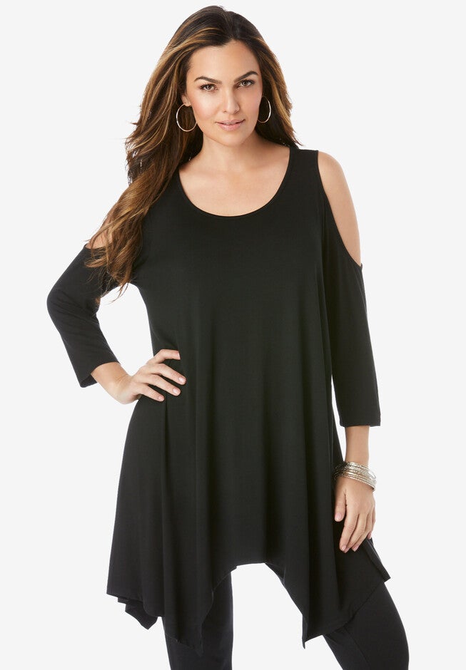 Cold-Shoulder Hanky Hem Ultra Femme Tunic, BLACK, hi-res image number 0