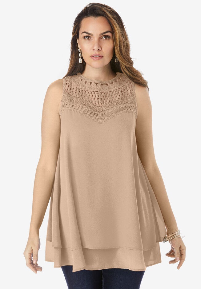 Lace Yoke Top, NEW KHAKI, hi-res image number null