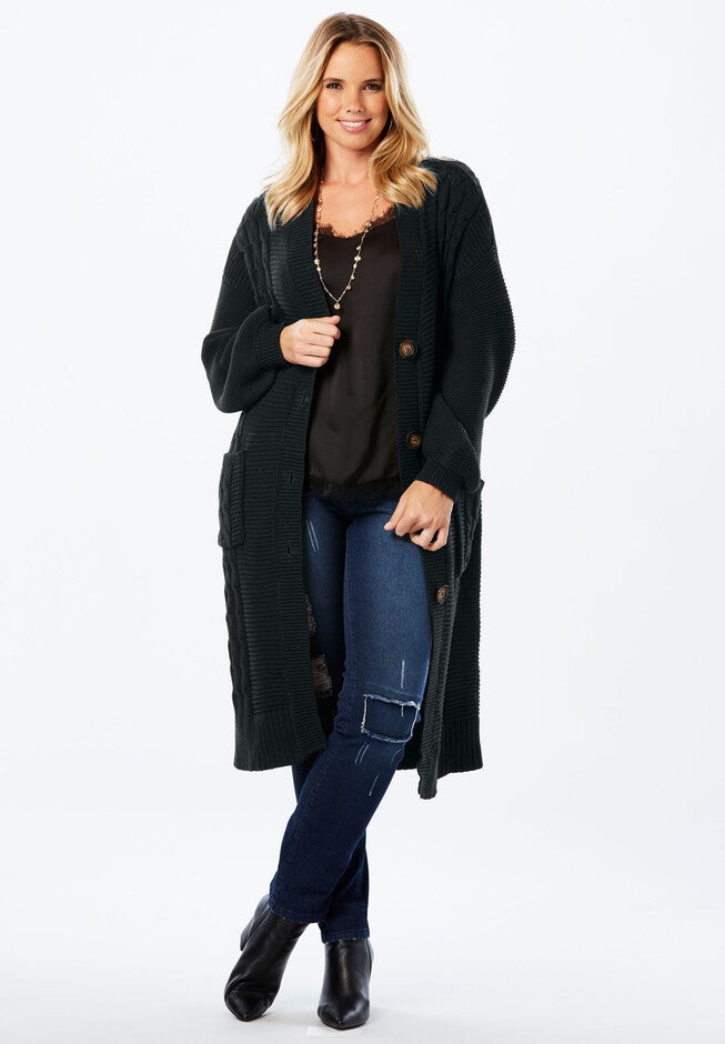 Cable Knit Long Cardigan with Blouson Sleeves, BLACK, hi-res image number 0