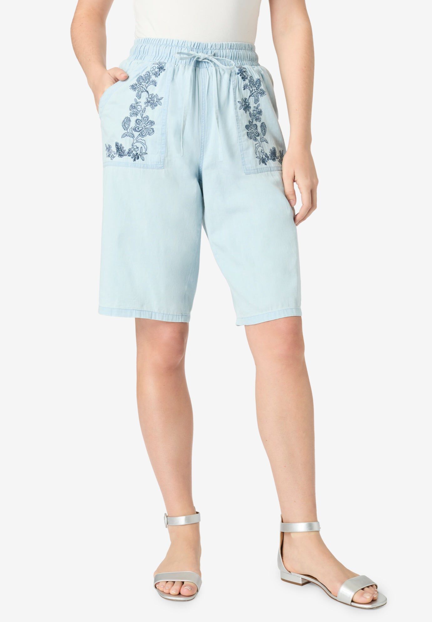 Embroidered Chambray Bermuda Shorts, INDIGO VINE, hi-res image number 0