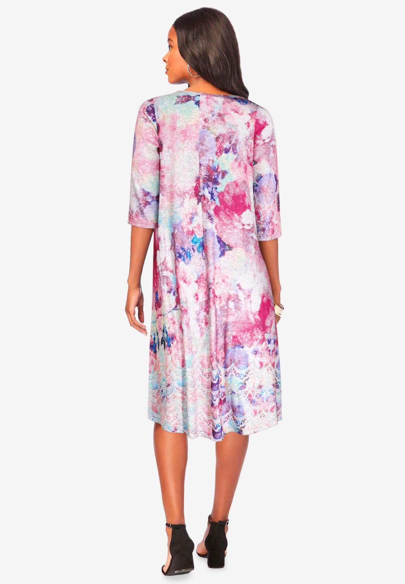 Printed V-Neck Dress, BLUE MULTI FLORAL, on-hover image number 1