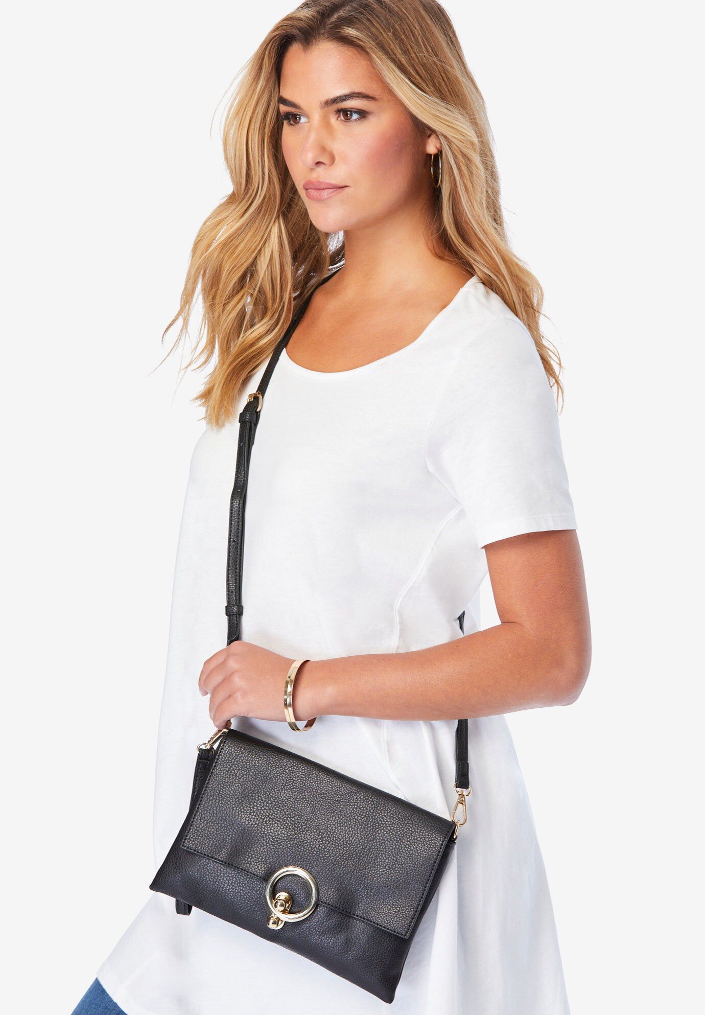Gold Ring Crossbody Handbag, BLACK, hi-res image number 0