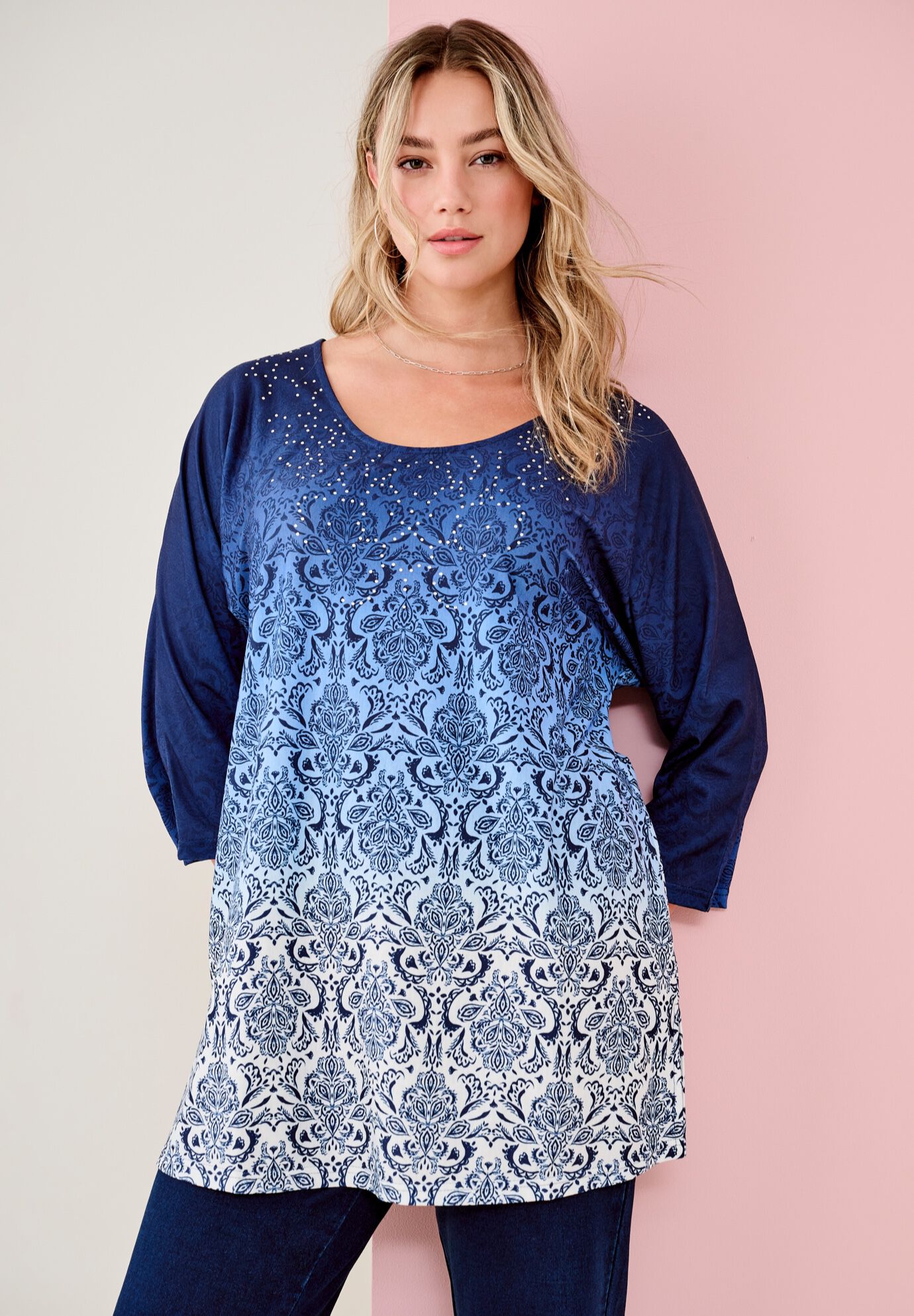 Three Quarter Sleeve Embellished Tunic, BLUE MEDALLION OMBRE, on-hover image number 1