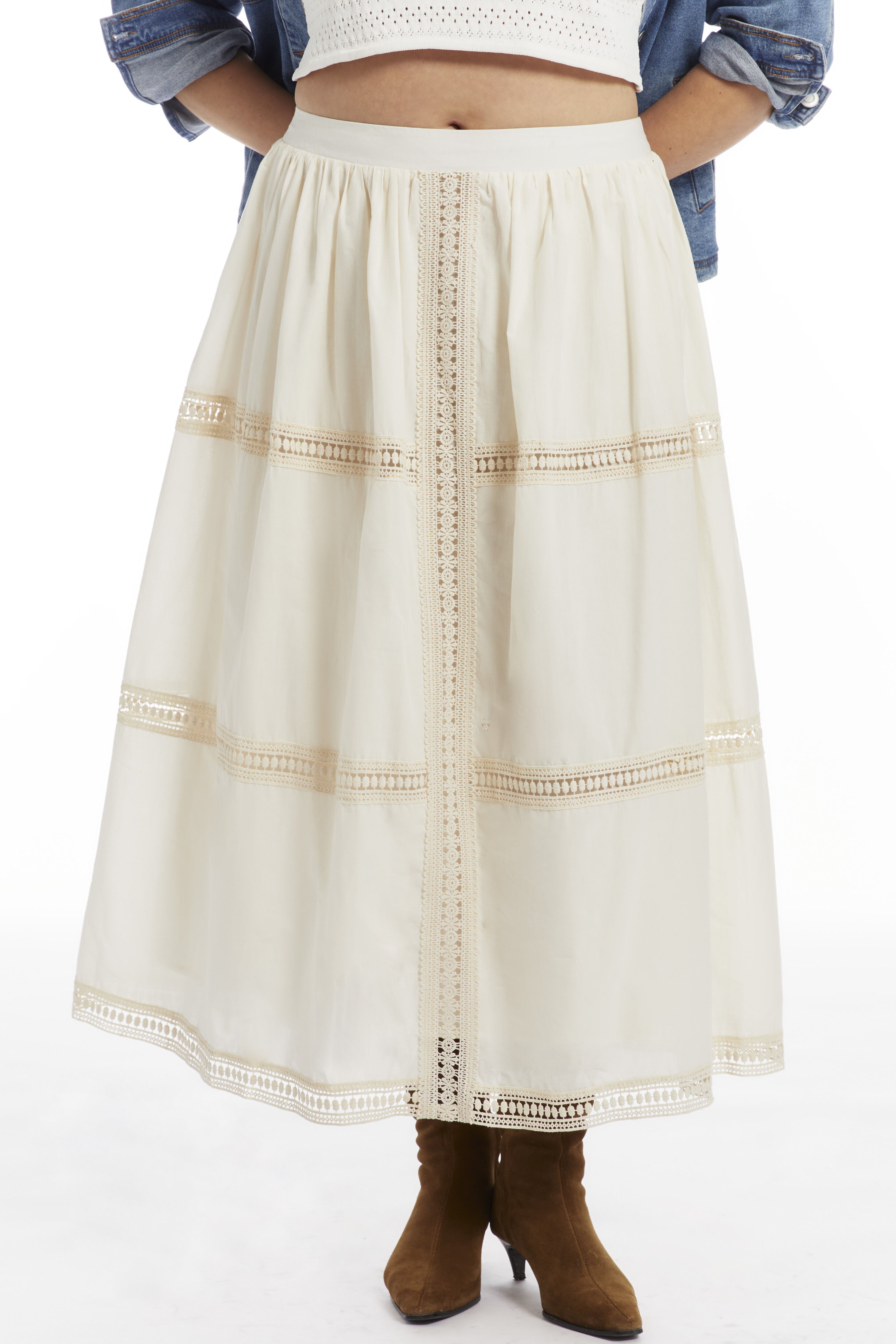 Lace Insert Midi Skirt, WARM CREAM, alternate image number 2
