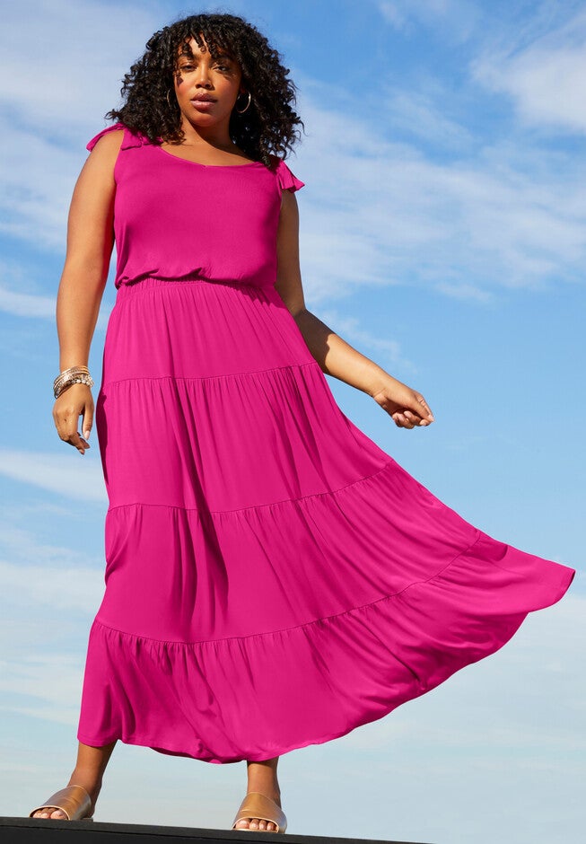 Tiered Cotton Midi Skirt, VIVID PINK, hi-res image number null